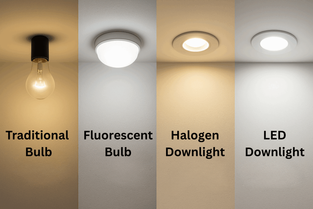 comparison between traditional, fluorescent, halogen and LED downlights