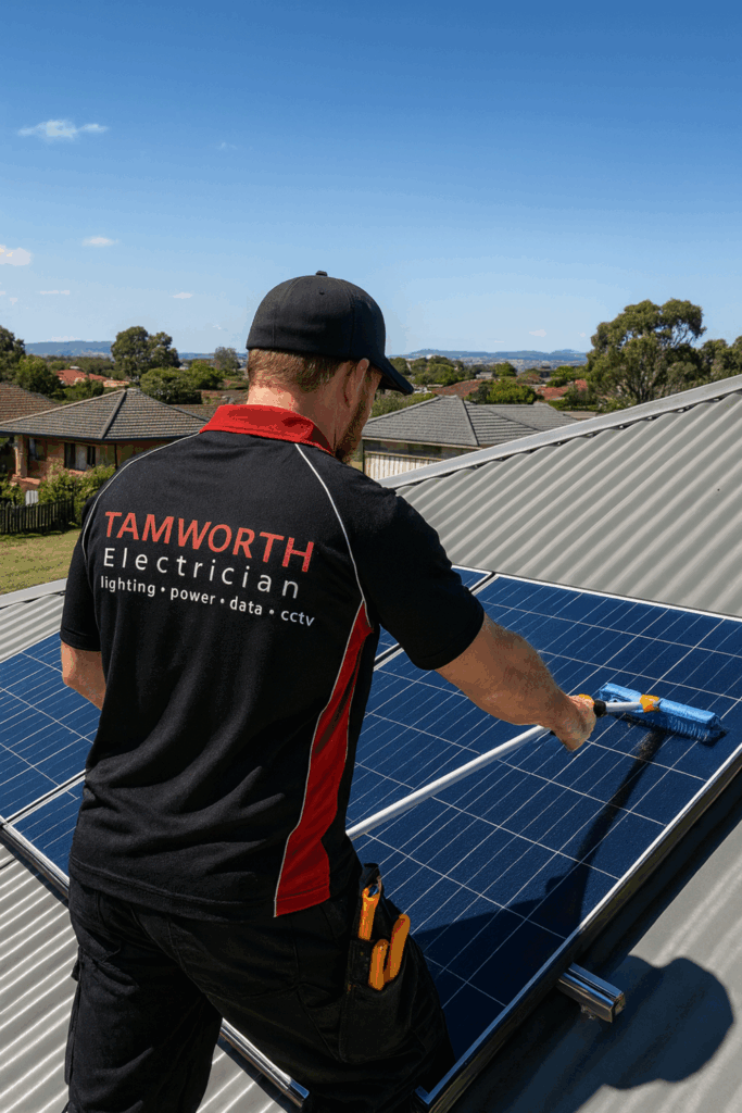 Electrician performing solar system maintenance on a Tamworth home roof