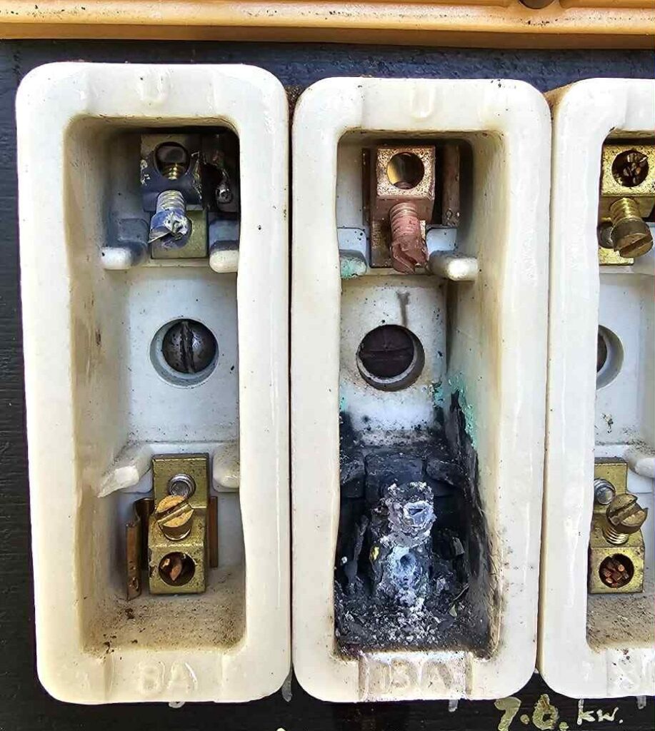 burnt fuse in switchboard of tamworth home