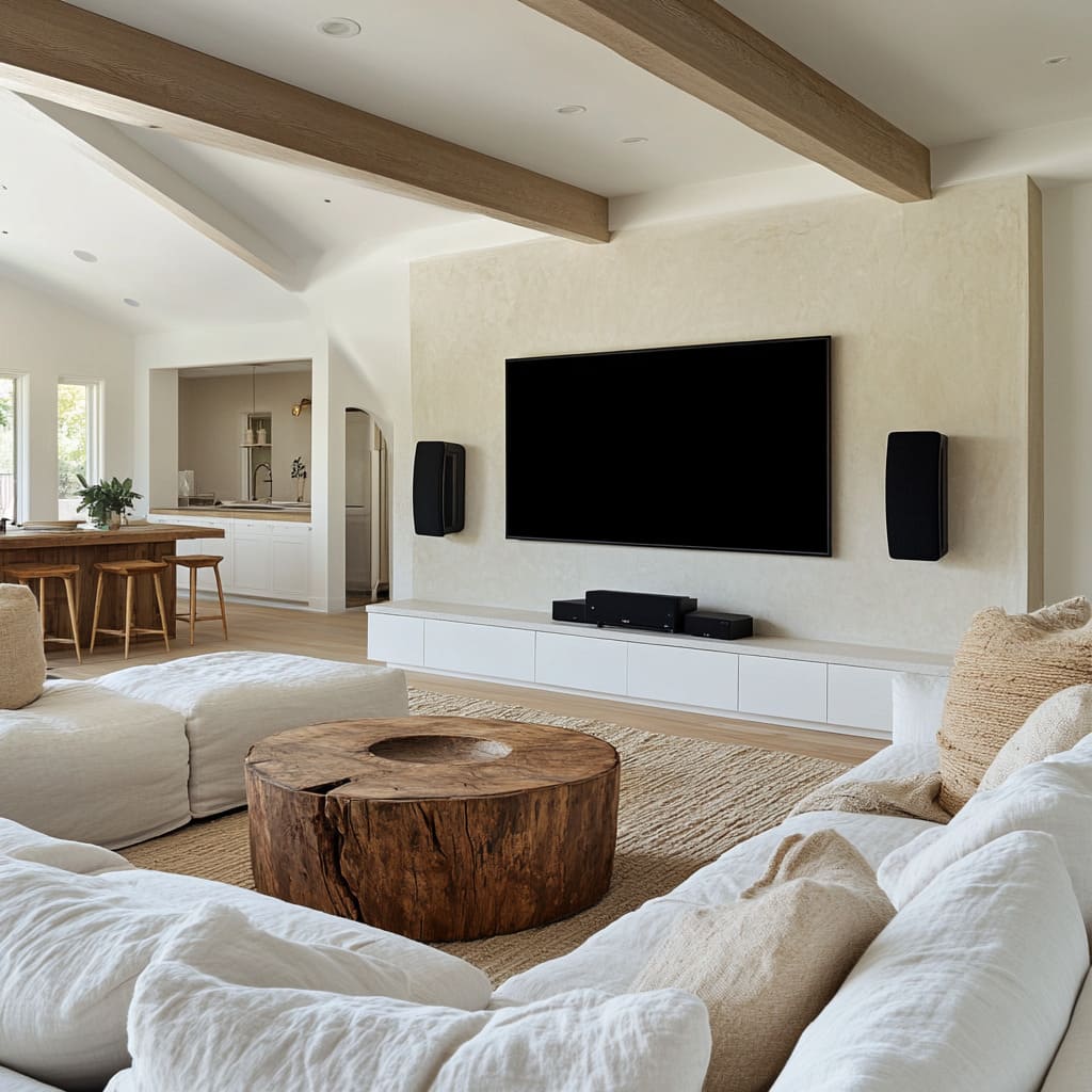 A completed professional Tamworth home entertainment setup with a wall-mounted TV and speakers.